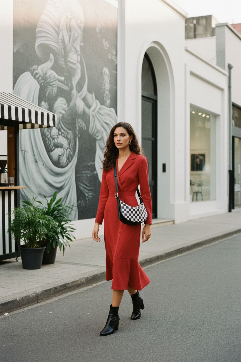 BOSTANTEN checkered purse styled against a vibrant arts district with minimalist galleries.