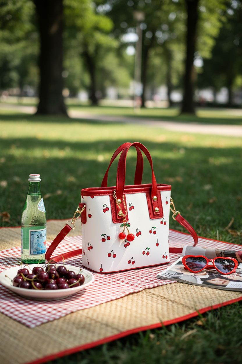 Stylish cherry handbag by MZHOPEHB on a picnic mat, highlighting its cute cherry design and vegan leather.