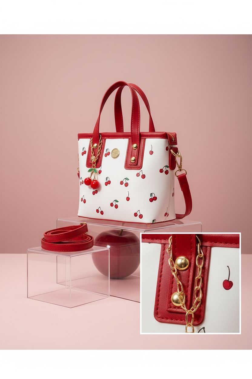 Product shot of MZHOPEHB cherry purse on acrylic cubes, showcasing its elegant design and features.