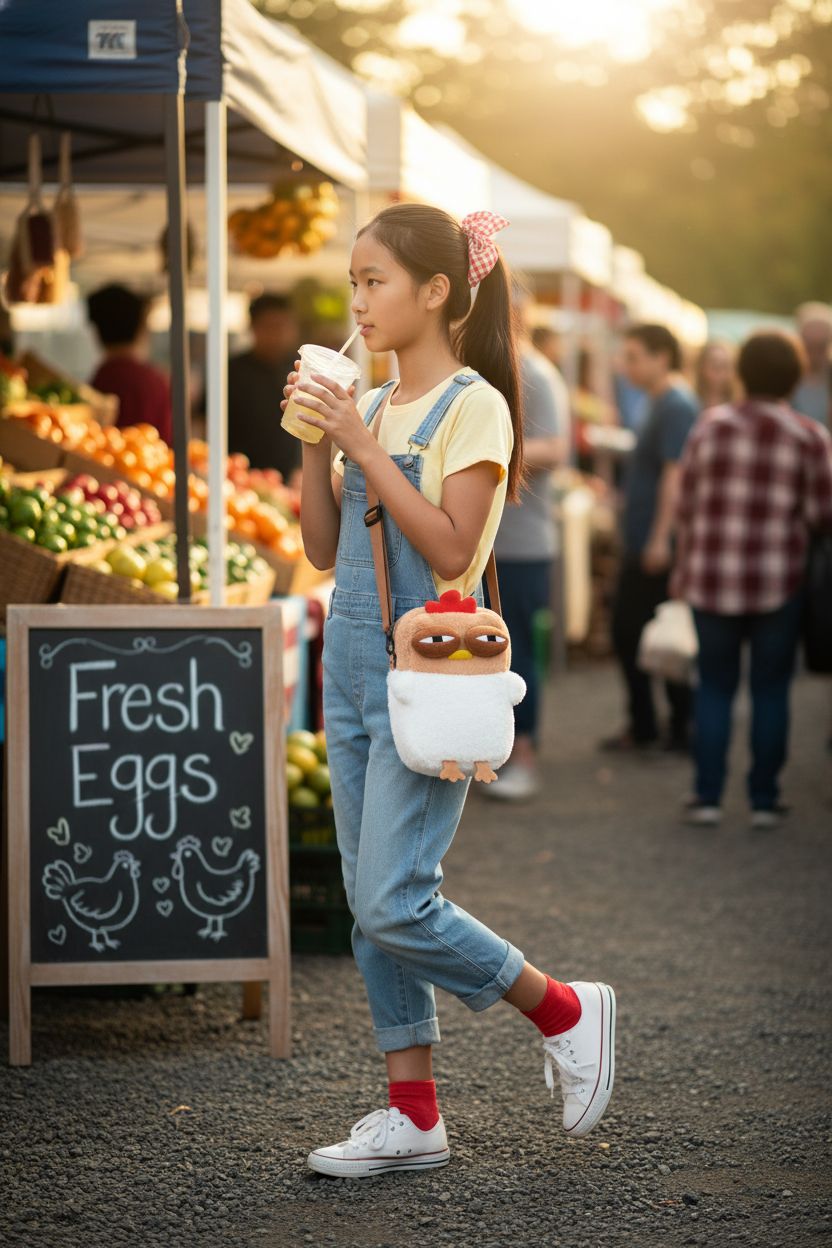 Cute Chick Purse by Noy Lacha hanging crossbody at a farmer's market, perfect for girls.