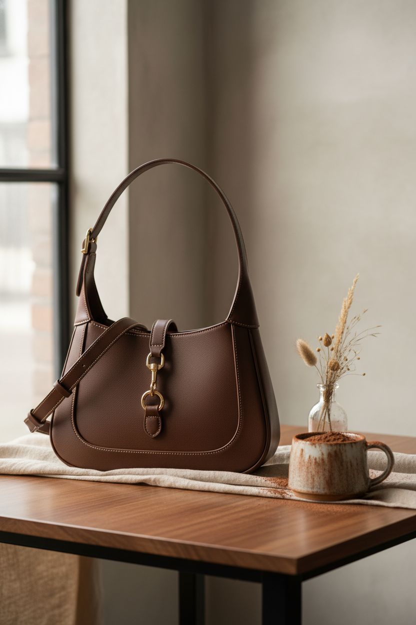 Apryl chocolate handbag resting next to cappuccino and chocolate, creating a cozy mood.