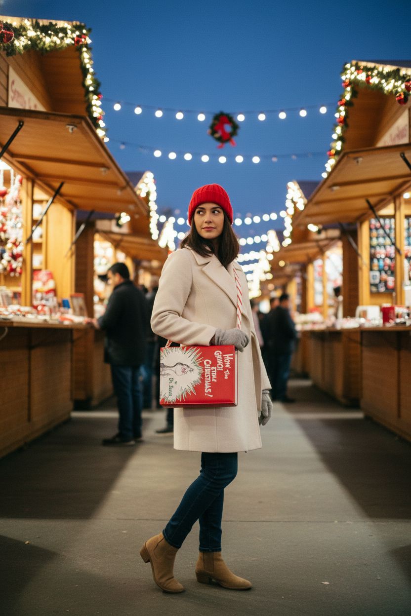 Fun Costumes Grinch bag with candy-cane strap at Christmas market, ideal for holiday outings.