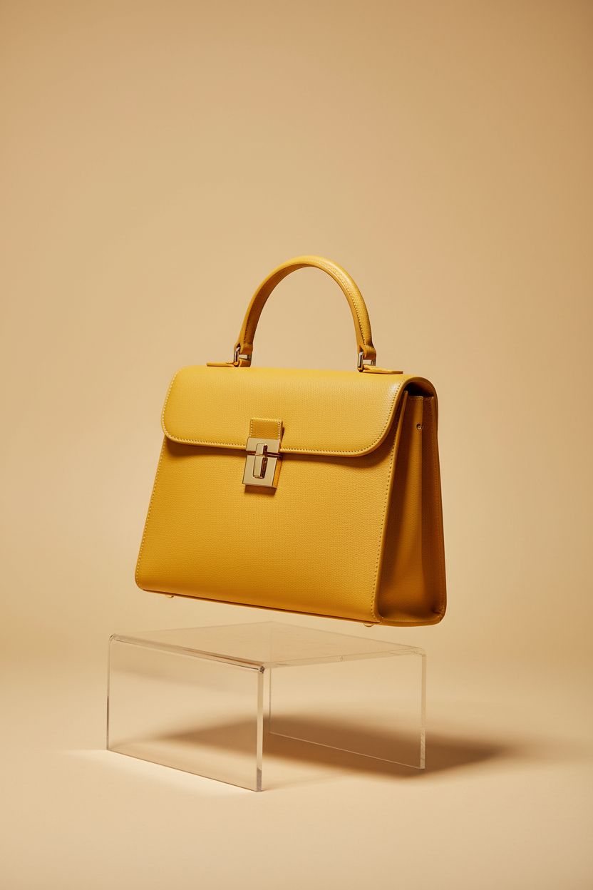 Structured handbag showcased on an acrylic riser with a clean studio backdrop, highlighting its design, Welbeck Vintage.