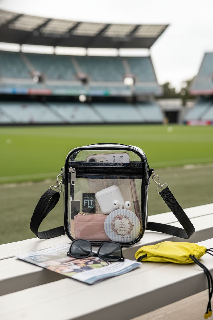Fibrdoo clear crossbody bag on a stadium bench, showcasing its stylish design and spaciousness.