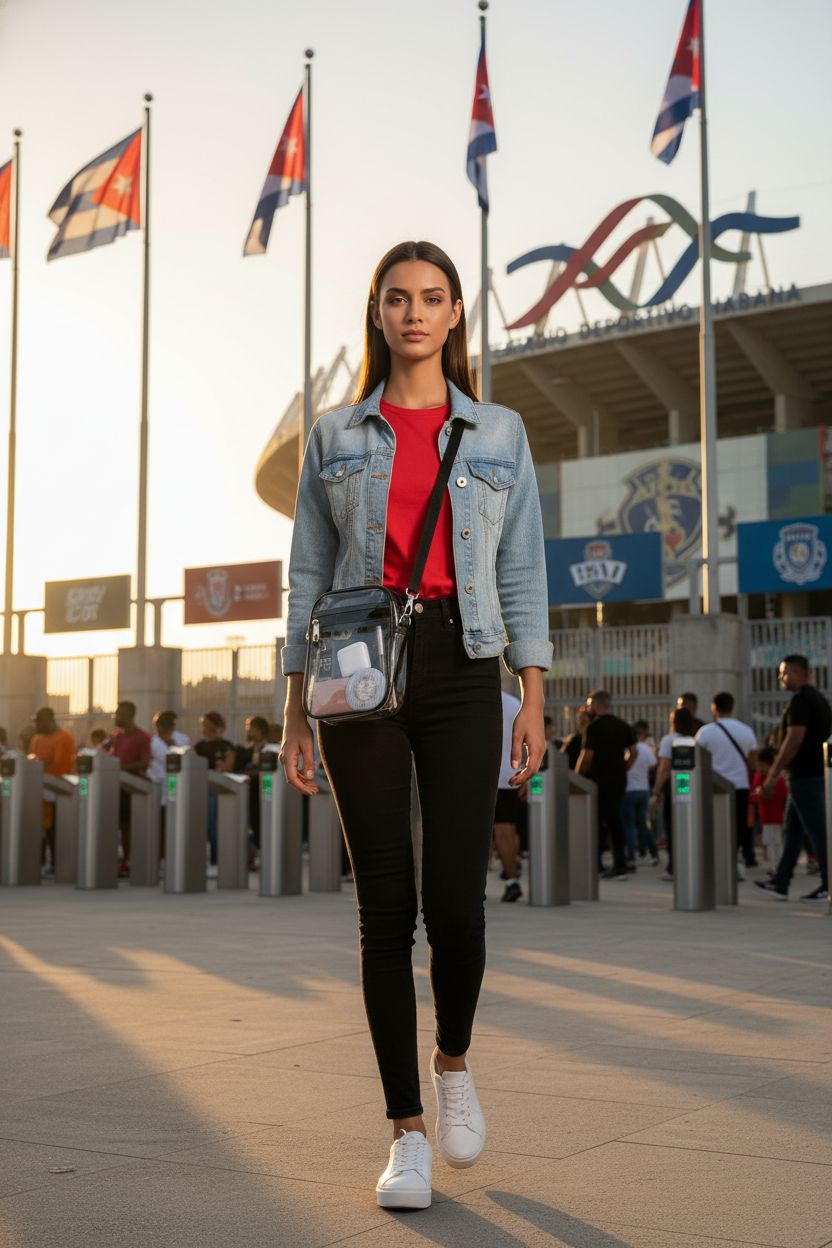 Fibrdoo clear crossbody bag showcased at a game day, perfect for hands-free convenience.