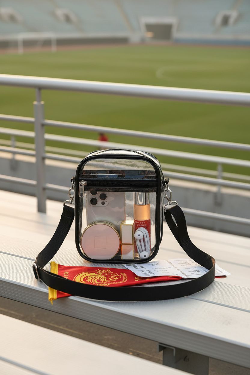 USPECLARE clear bag beside team pennant on bleachers, perfect for fans.