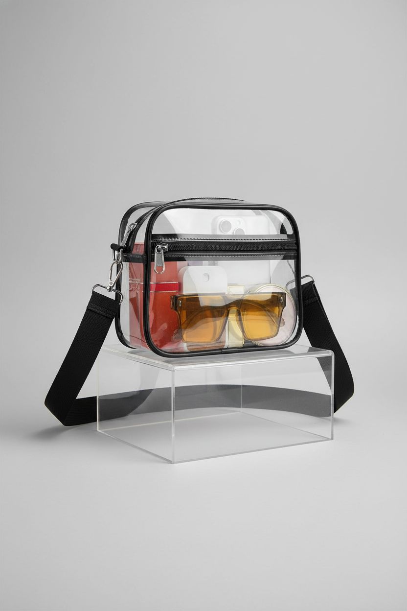 USPECLARE clear purse displayed on a gray background, showcasing its interior and design.