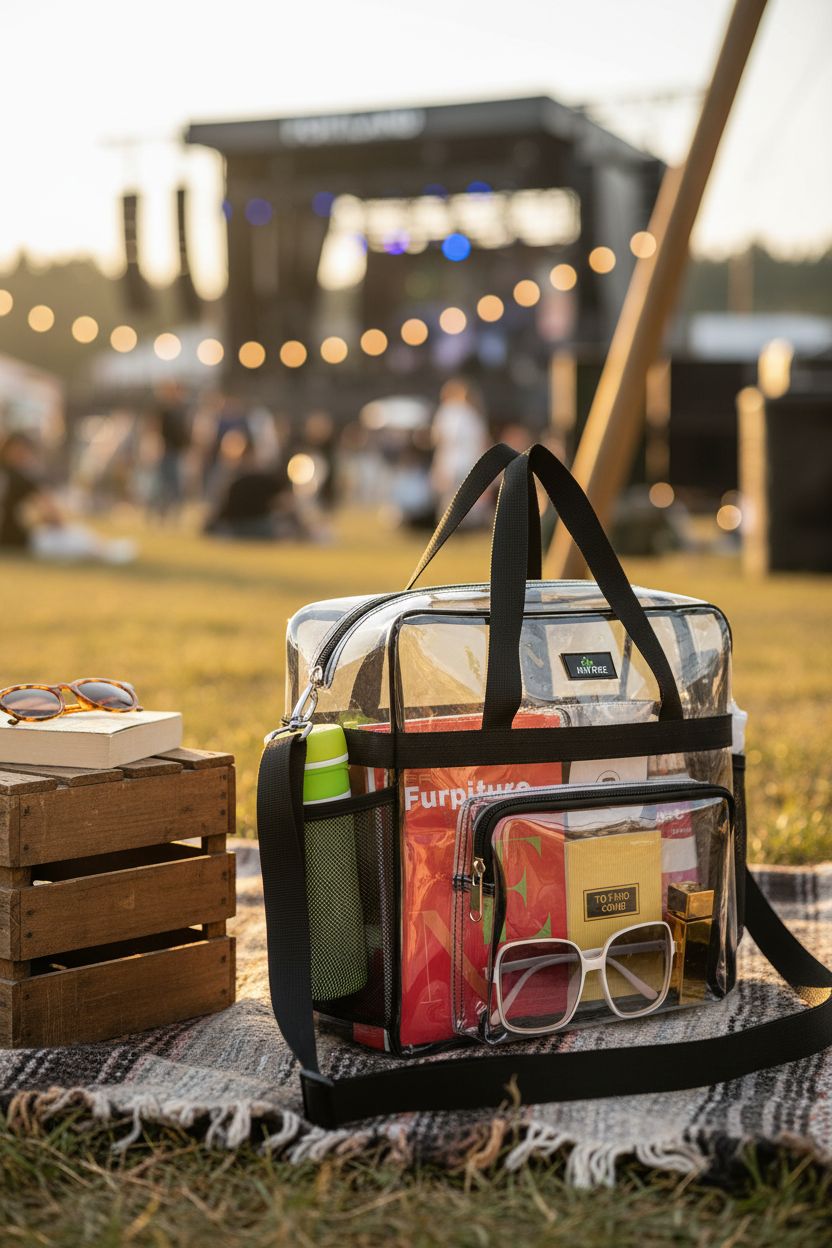 MAY TREE clear vinyl bag resting on a blanket, highlighting its transparent design and quality.