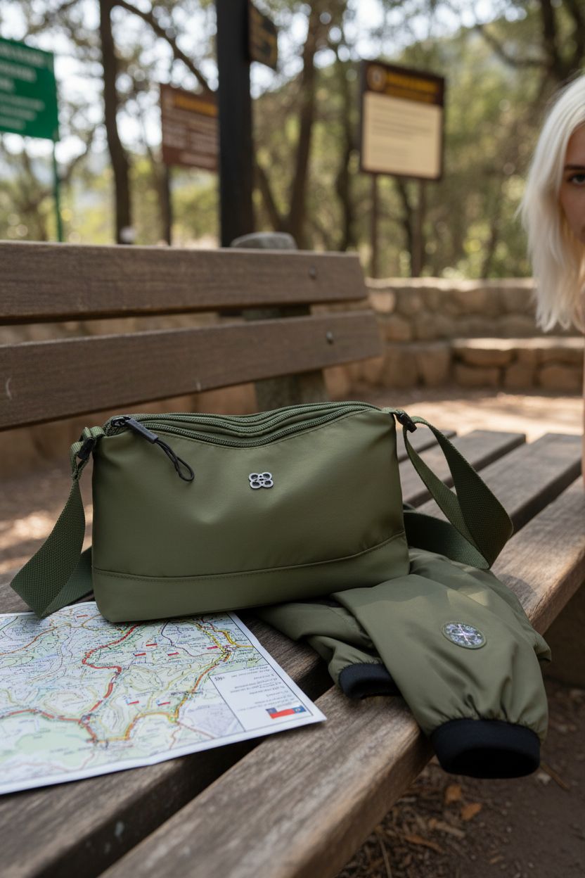 Eslcorri green crossbody purse resting on a wooden bench next to a trail map, showing outdoor versatility.