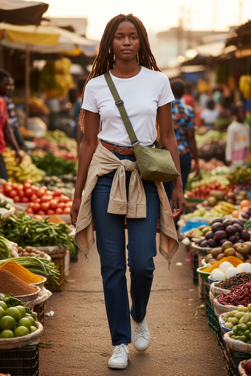 Eslcorri olive-green nylon crossbody bag at a vibrant farmers' market, perfect for casual outings.