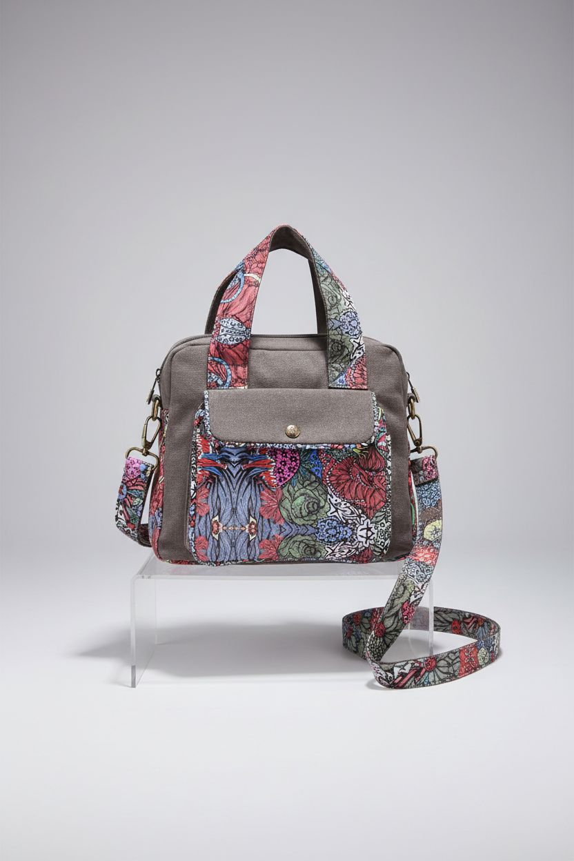 Detailed view of Black Butterfly canvas shoulder bag against a light grey backdrop.