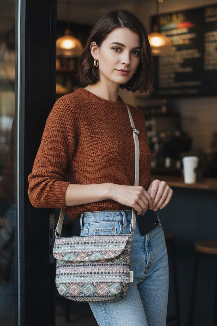 BBORGDC jacquard crossbody bag paired with a rust knit sweater in a cozy cafe doorway.