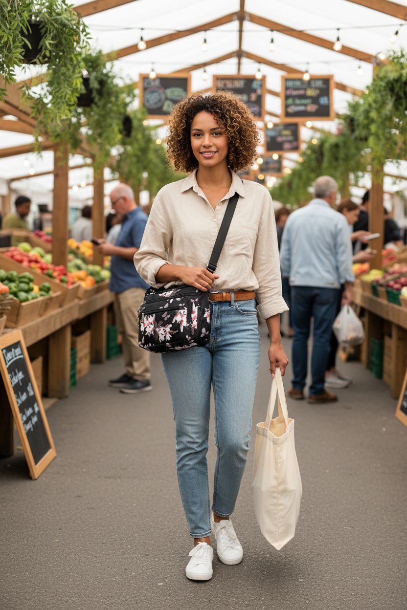 Nawoshow floral nylon crossbody purse showcased at a vibrant farmers market, highlighting its multi-pocket design.