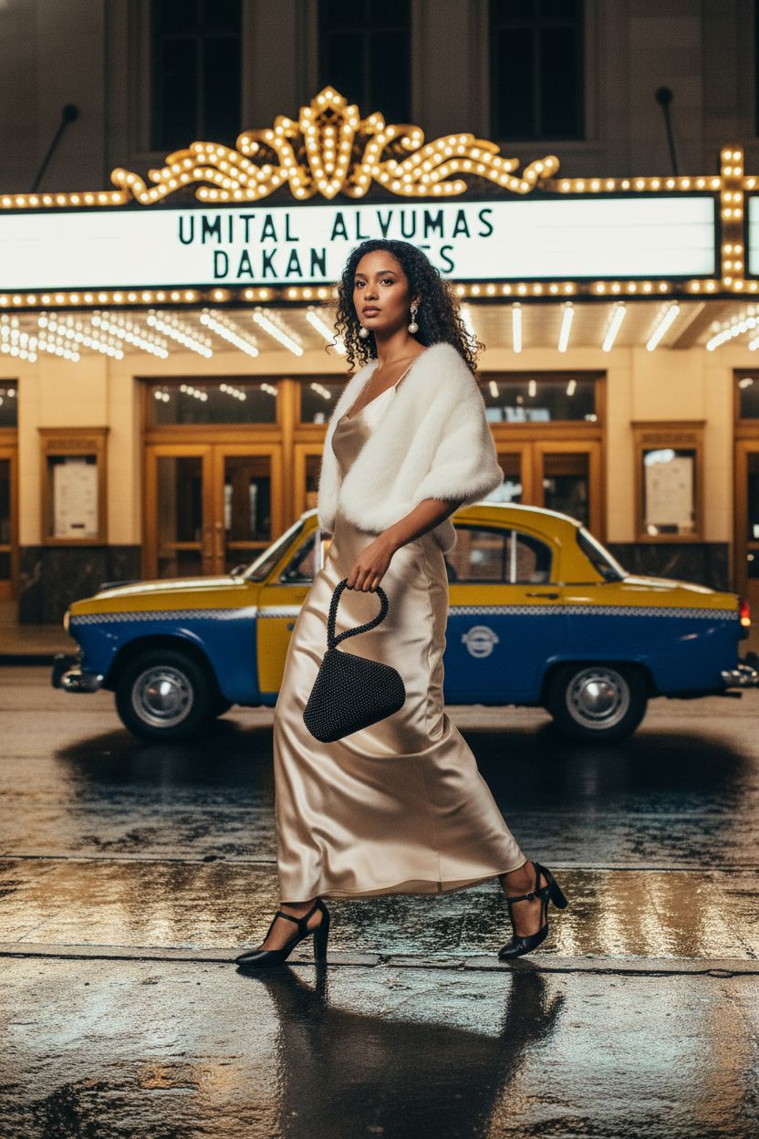 Black beaded triangle clutch bag by BABEYOND, set outside an Art Deco theater.