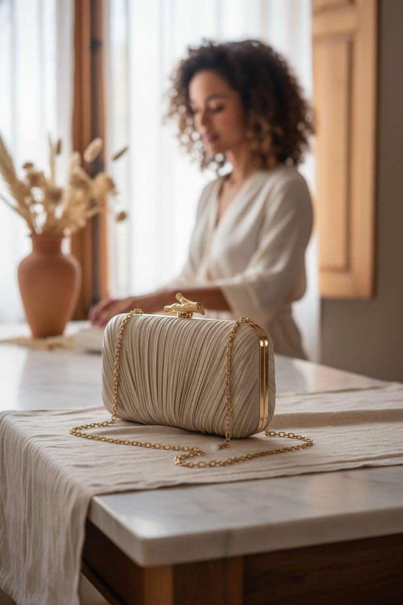 Freie Liebe clutch purse displayed on a marble console in a serene home setting with soft lighting