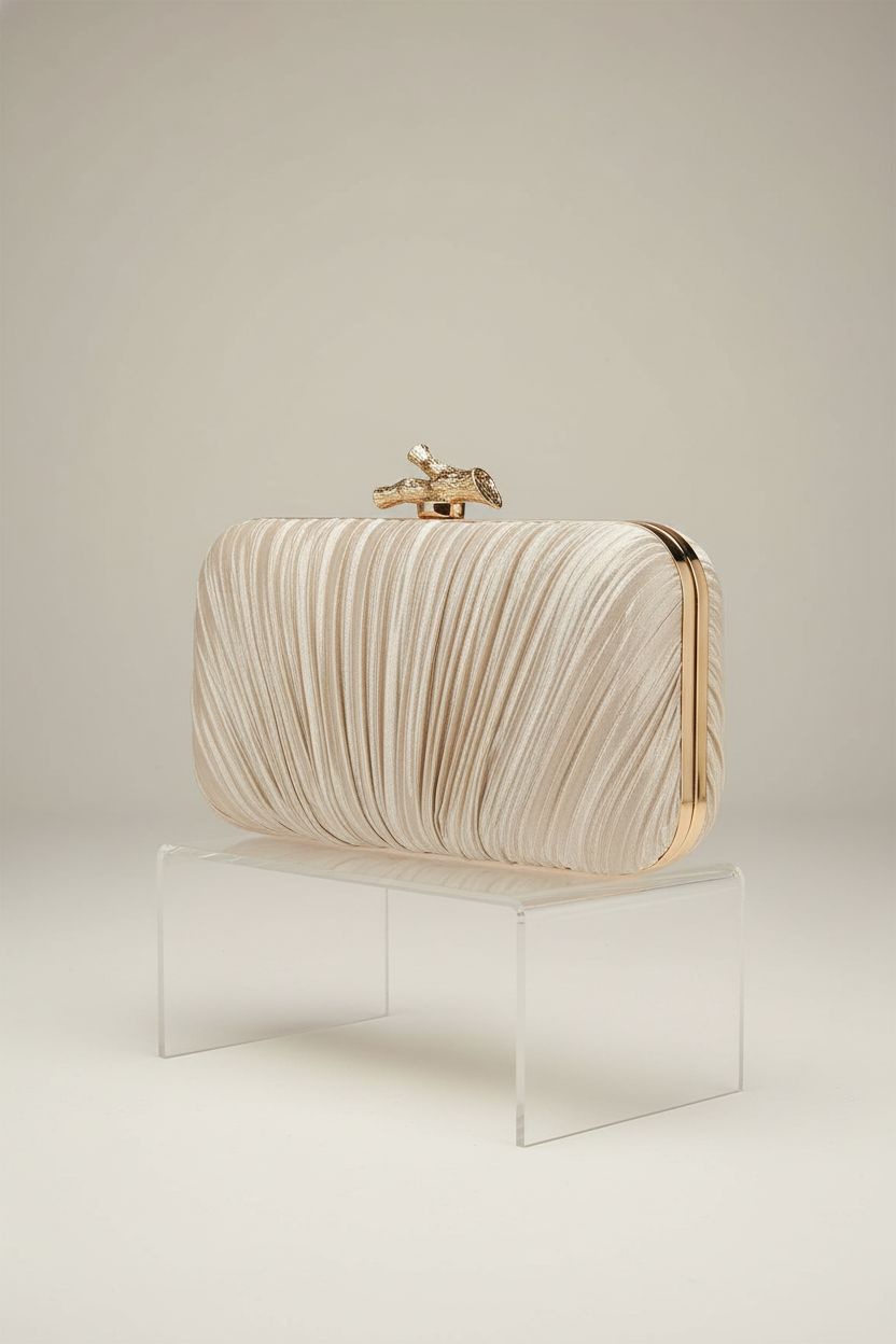 Freie Liebe pleated clutch purse showcased on a minimalist riser highlighting its texture and design