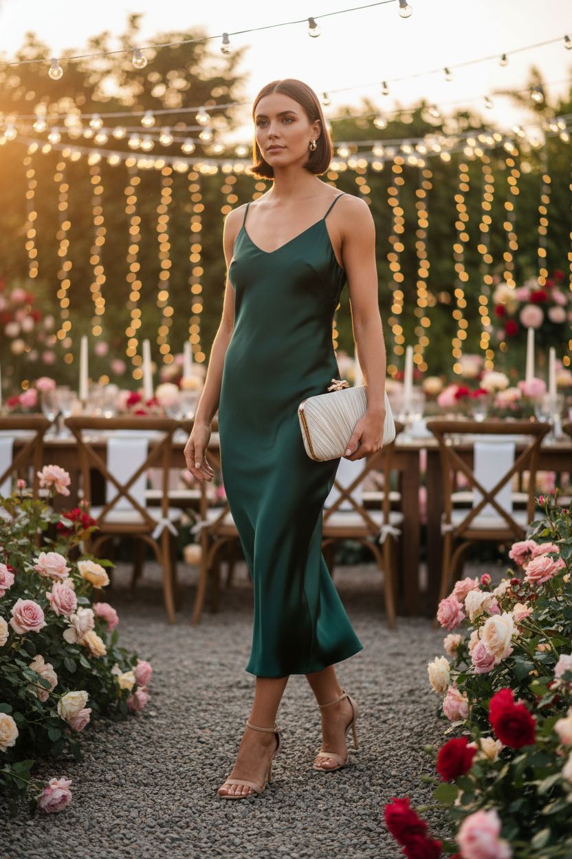 Deep emerald satin dress paired with light gold/silver Freie Liebe clutch purse at a sunset garden wedding