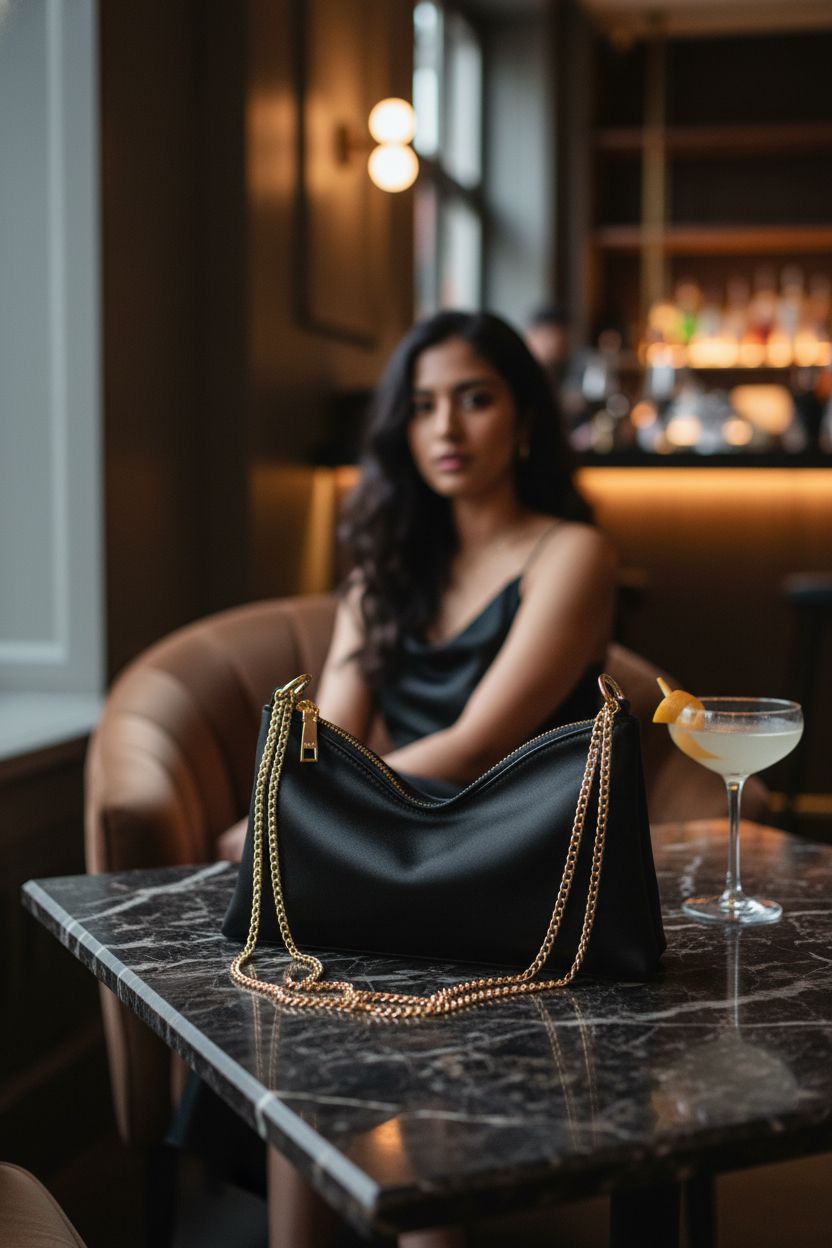 oscaurt cocktail bag resting on marble table in a cozy lounge setting