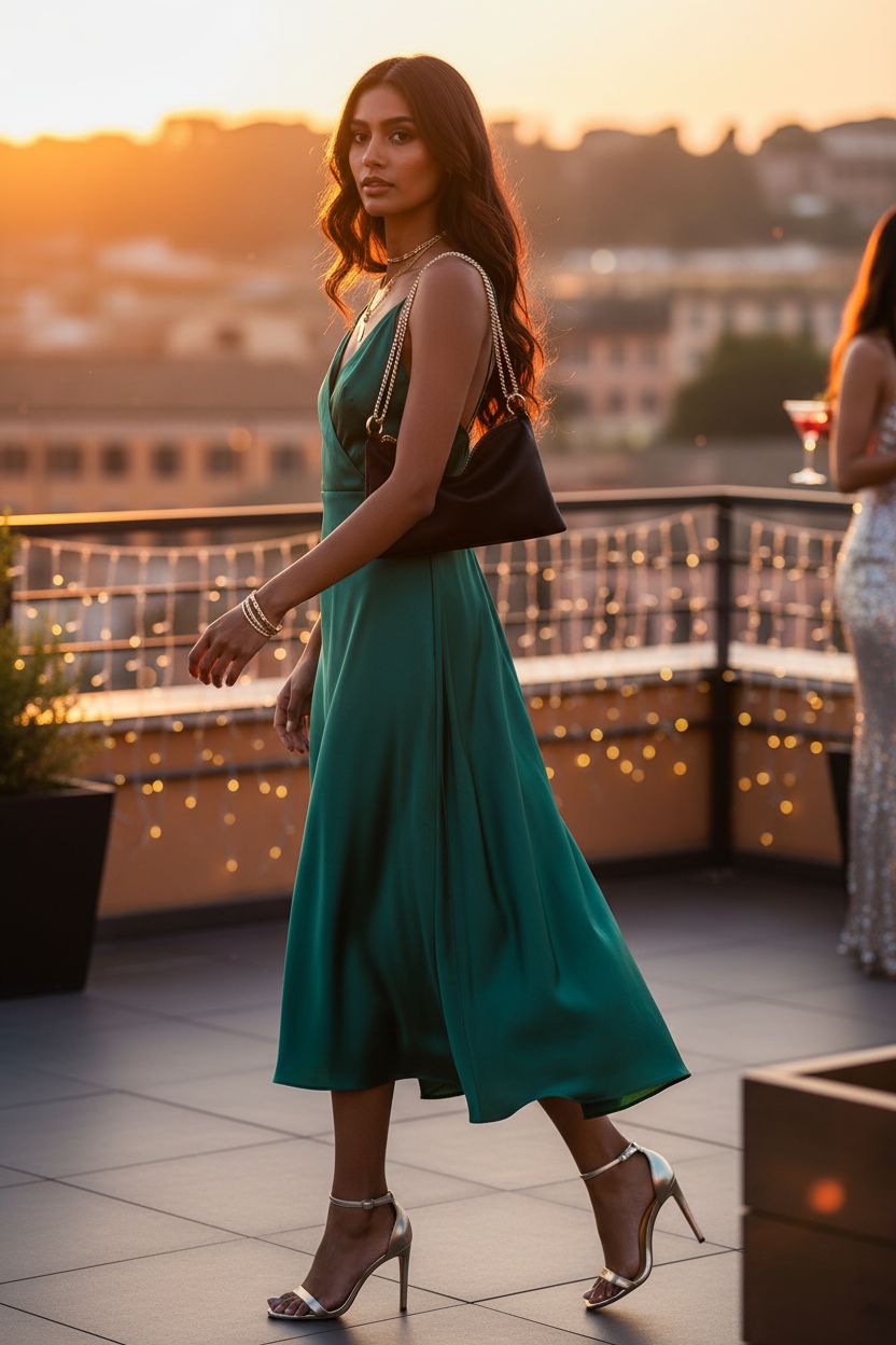 oscaurt black satin cocktail bag with gold chain on an elegant rooftop setting