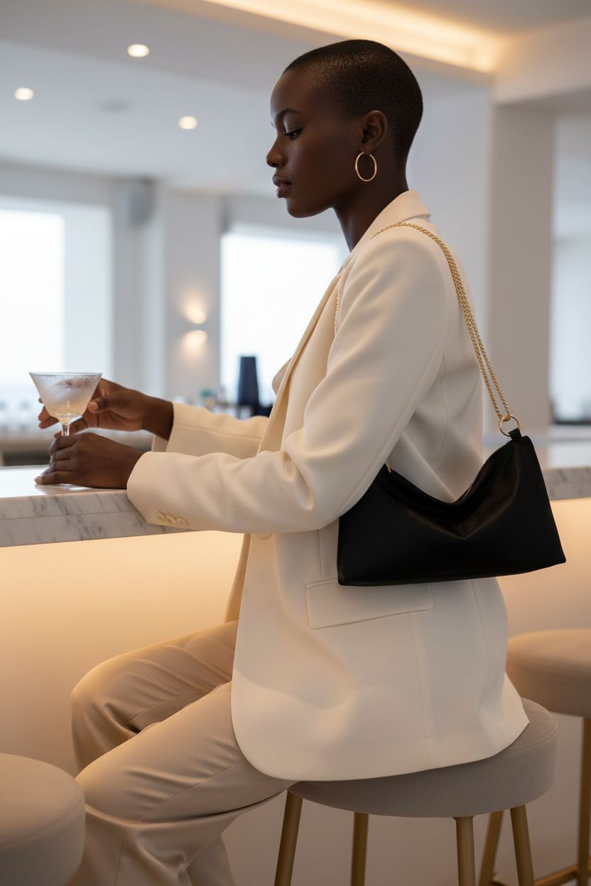 oscaurt satin shoulder bag elegantly paired with chic attire in a stylish bar