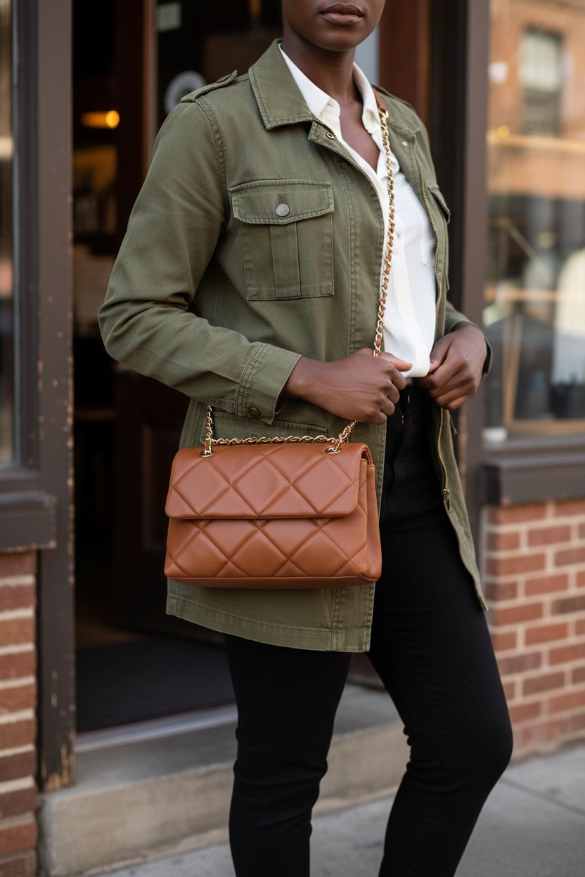 Gladdon cognac crossbody bag with quilted design and chain strap, stylish outdoor setting.