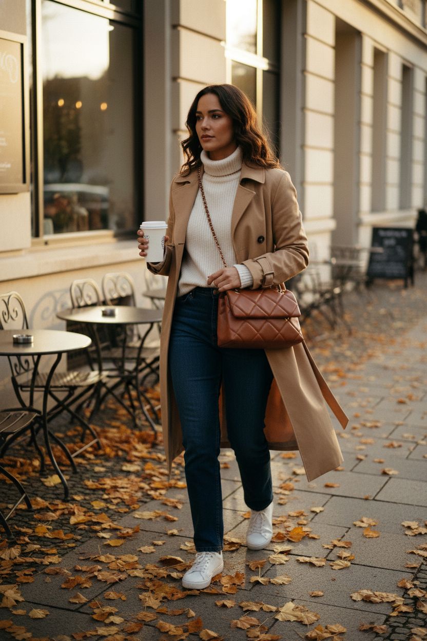 Gladdon cognac crossbody bag paired with autumn leaves, perfect for casual outings.