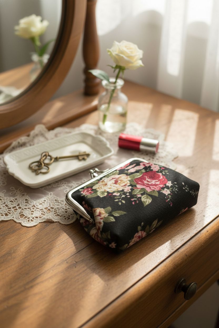 Sanxiner black floral coin purse on a cozy wooden vanity with decorative items
