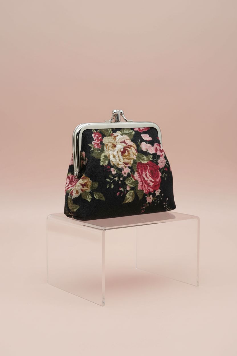 Sanxiner black floral coin purse on a clear acrylic riser, showcasing its design