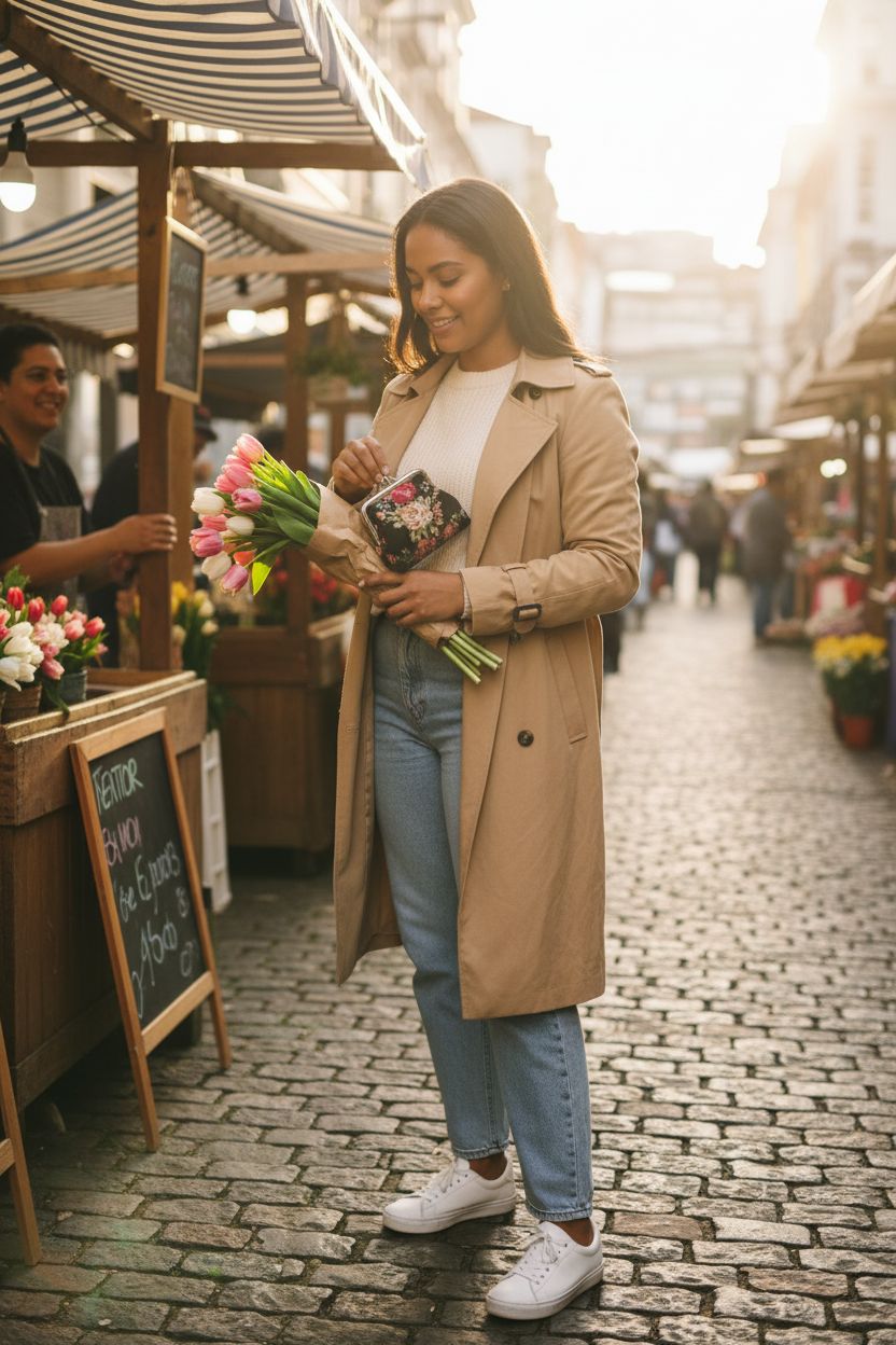 Sanxiner black floral canvas coin purse with silver kiss-lock in a market setting
