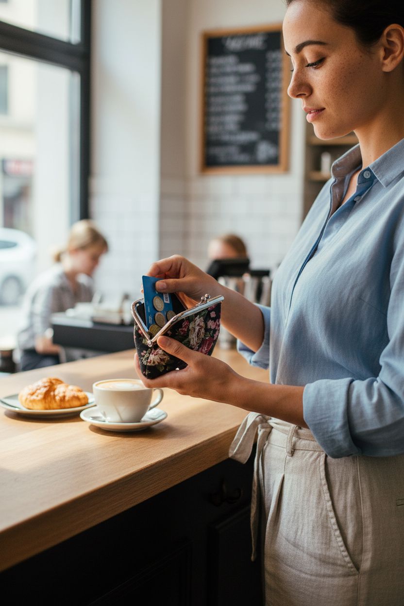 Sanxiner floral coin purse being opened at a bright café counter, revealing coins