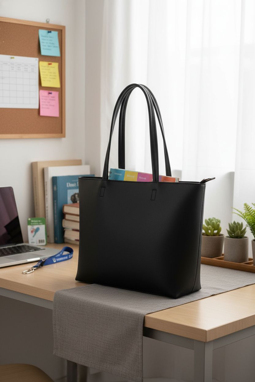 KALIDI black tote bag on birch desk, cozy study nook for college students with planner.