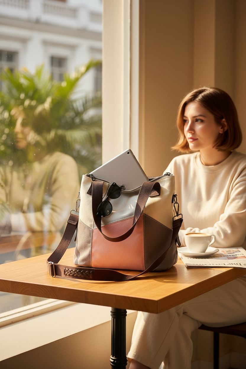 LAKE OF FIRE color block bag resting on a café table, showcasing its elegant design and functionality.