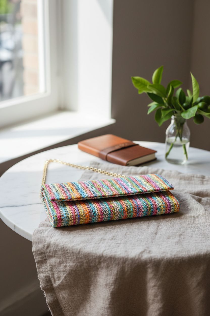 Kseymeir colorful raffia handbag elegantly placed on a marble table, perfect for café visits.