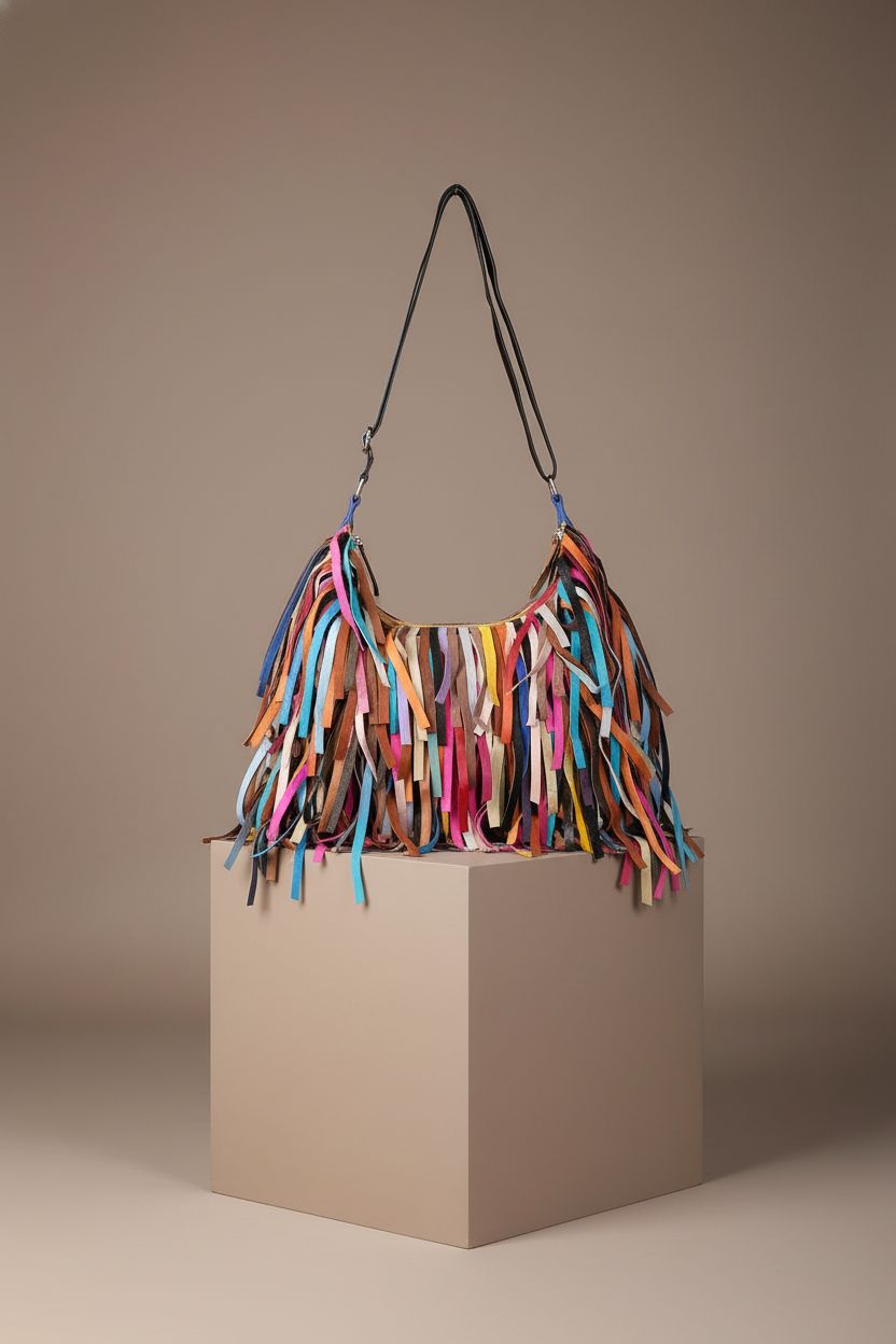 Close-up of Segater colorful hobo bag showcasing its unique tassel design.
