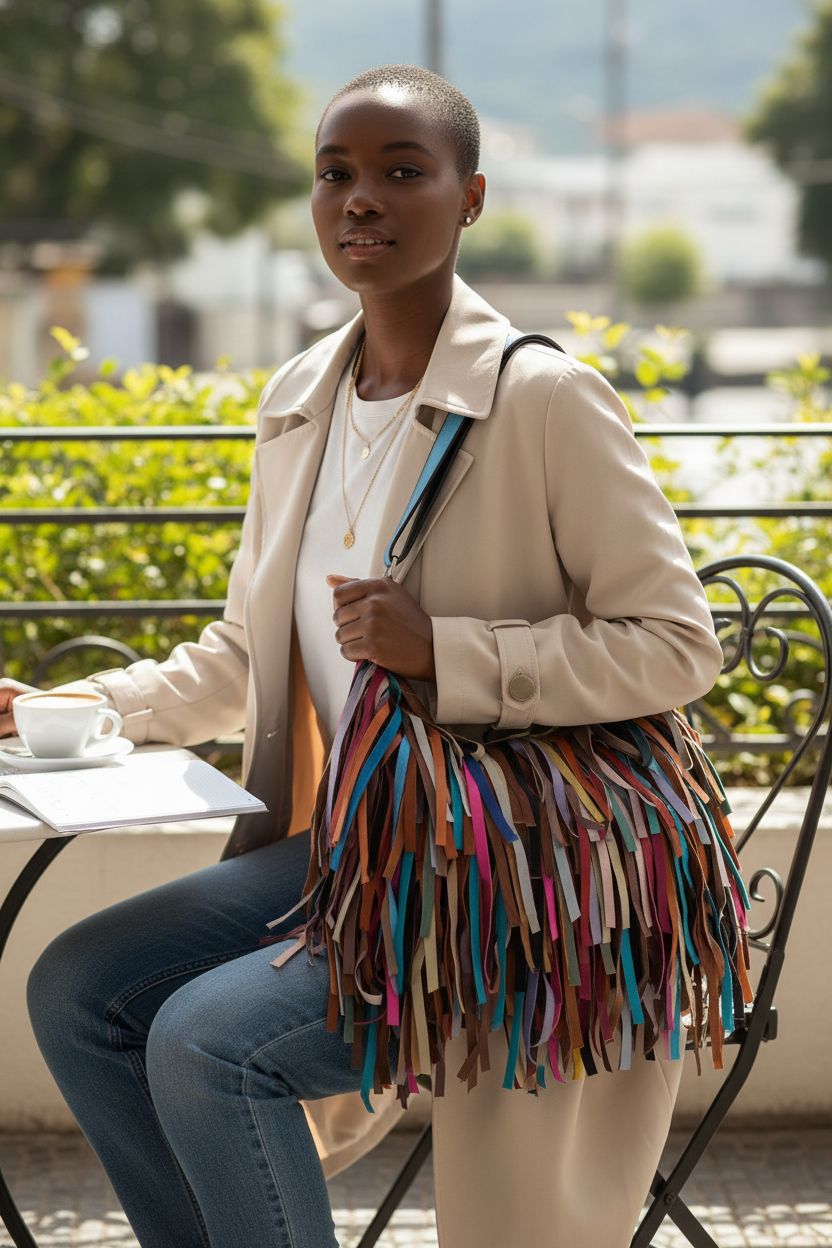 Segater multicolour hobo bag with tassels on a café terrace beside a latte.