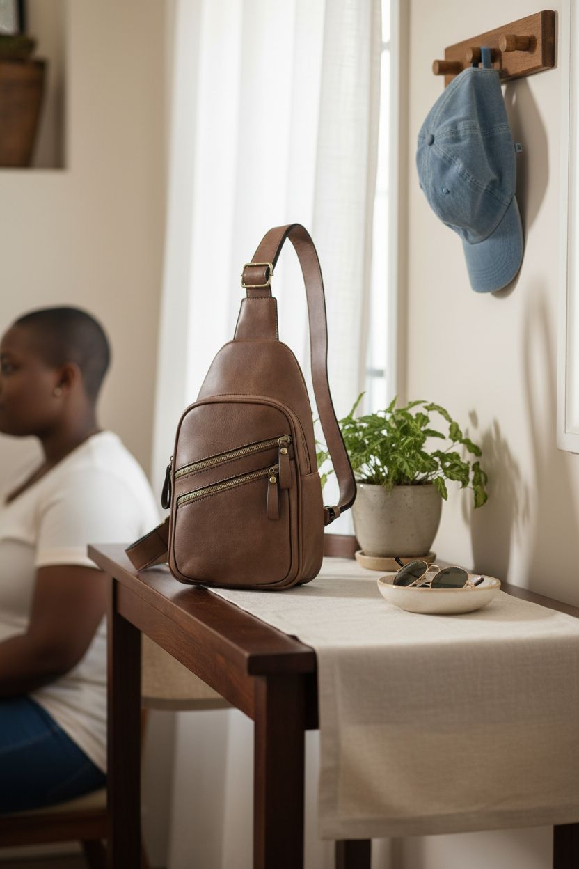 JESSIE & JAMES taupe sling bag displayed in a cozy entryway with keys and sunglasses.