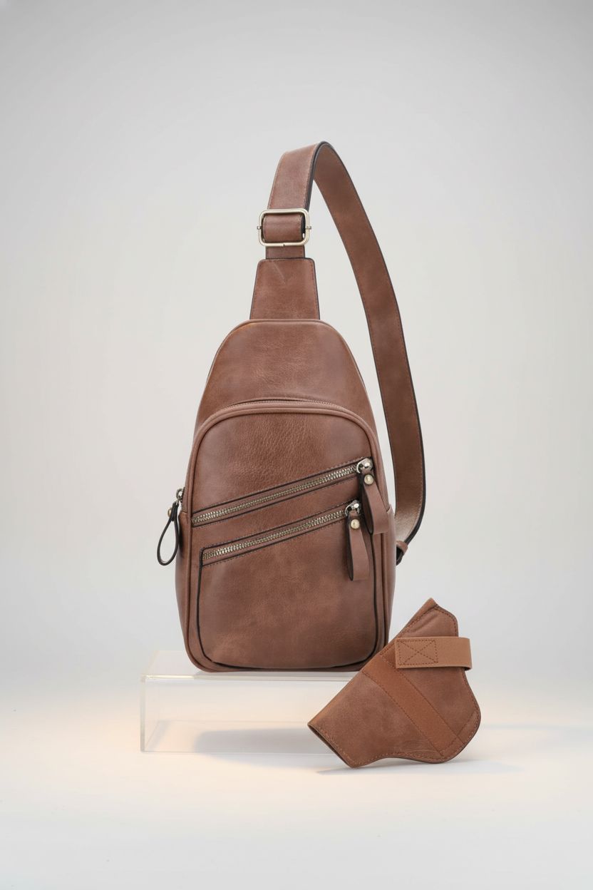 JESSIE & JAMES taupe crossbody purse on acrylic block showcasing vegan leather texture.