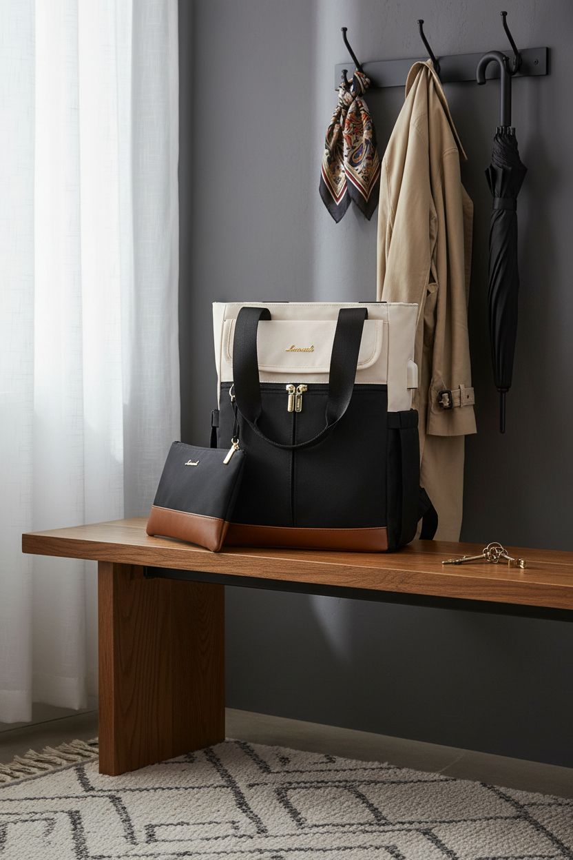 LOVEVOOK convertible backpack purse on oak bench, highlighting water-repellent fabric.