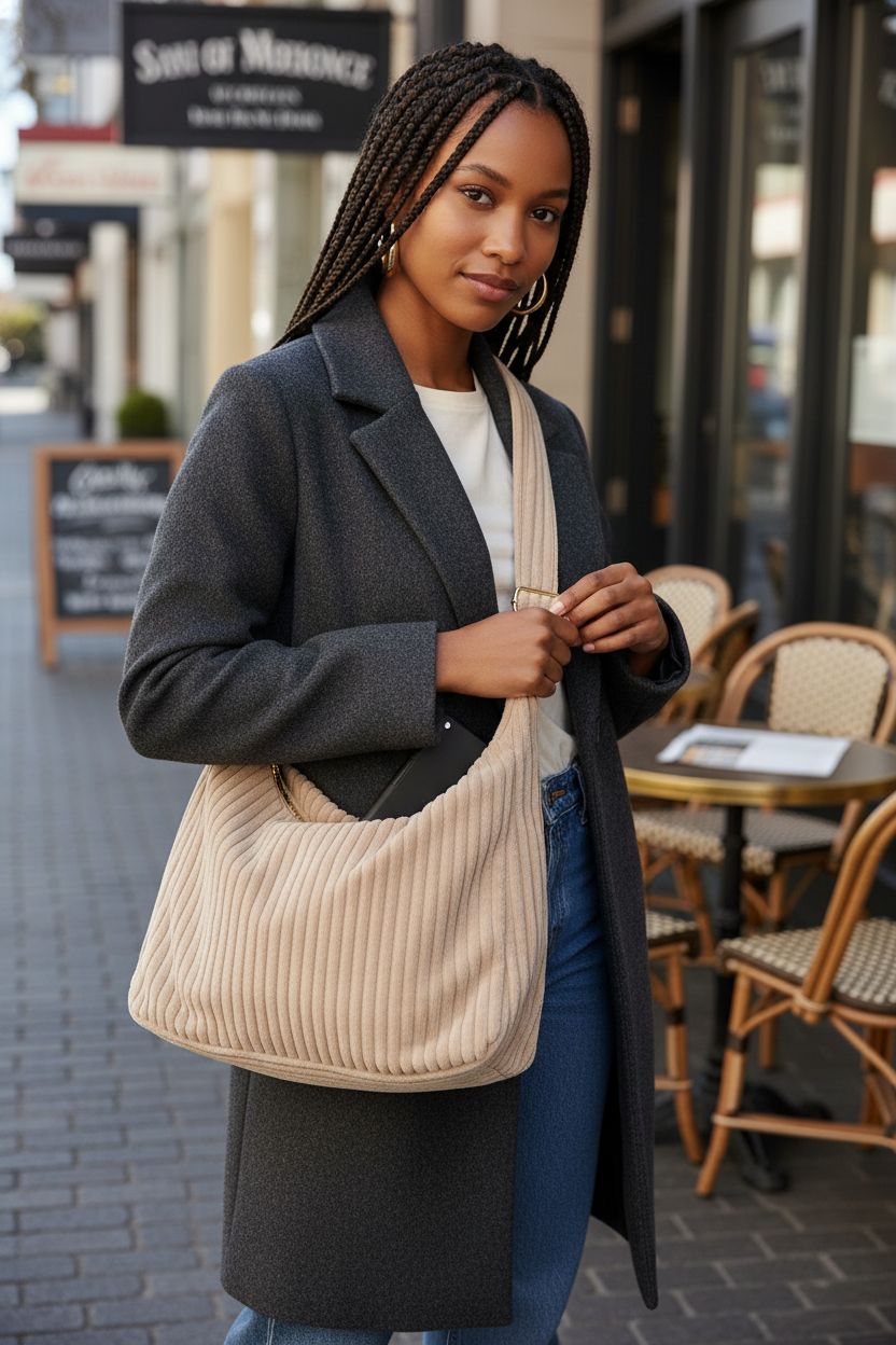 Beige Ulisty corduroy hobo bag with adjustable strap, stylishly zipped and ready for use.