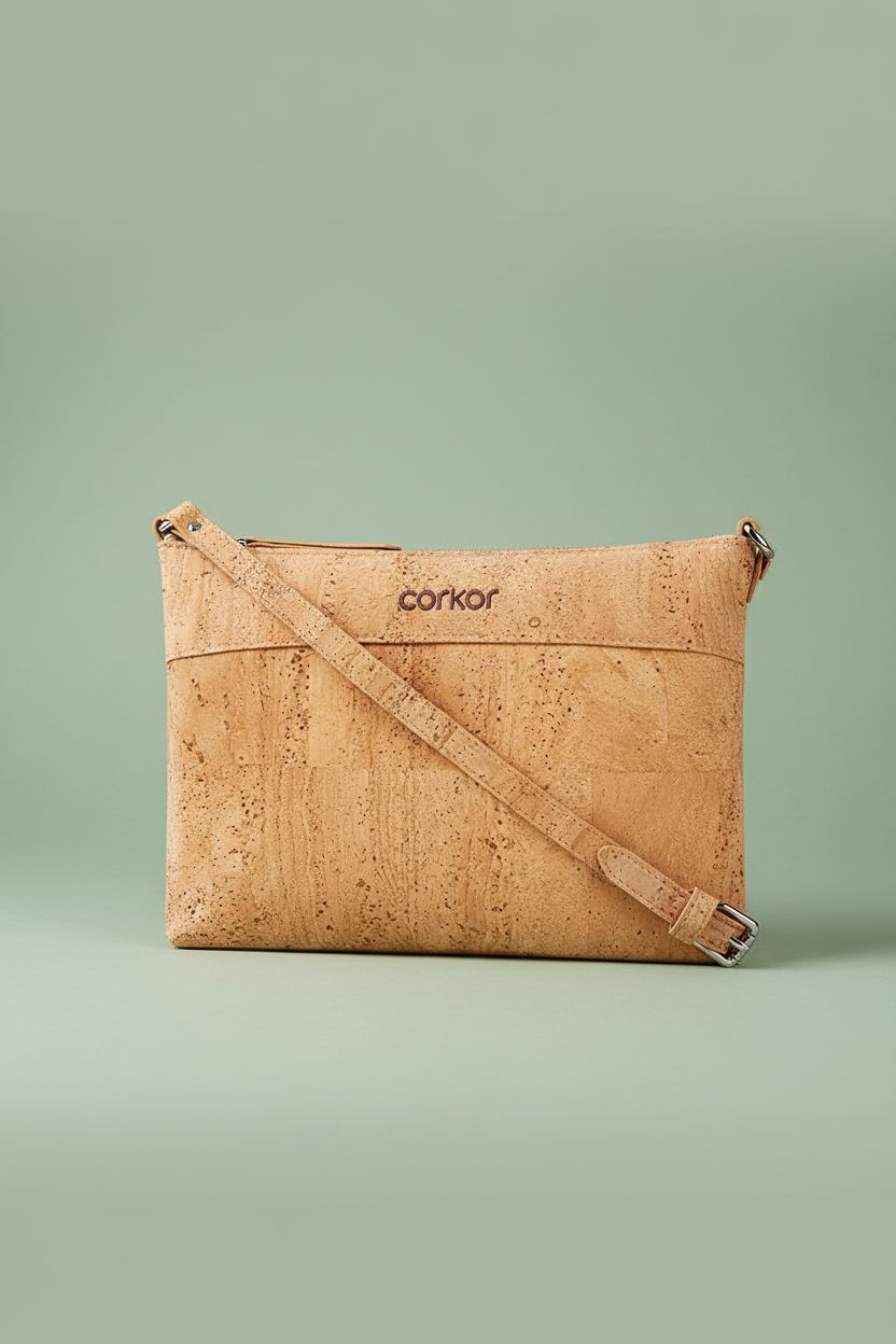 Close-up of Corkor cork purse showcasing texture, zipper, and craftsmanship details.