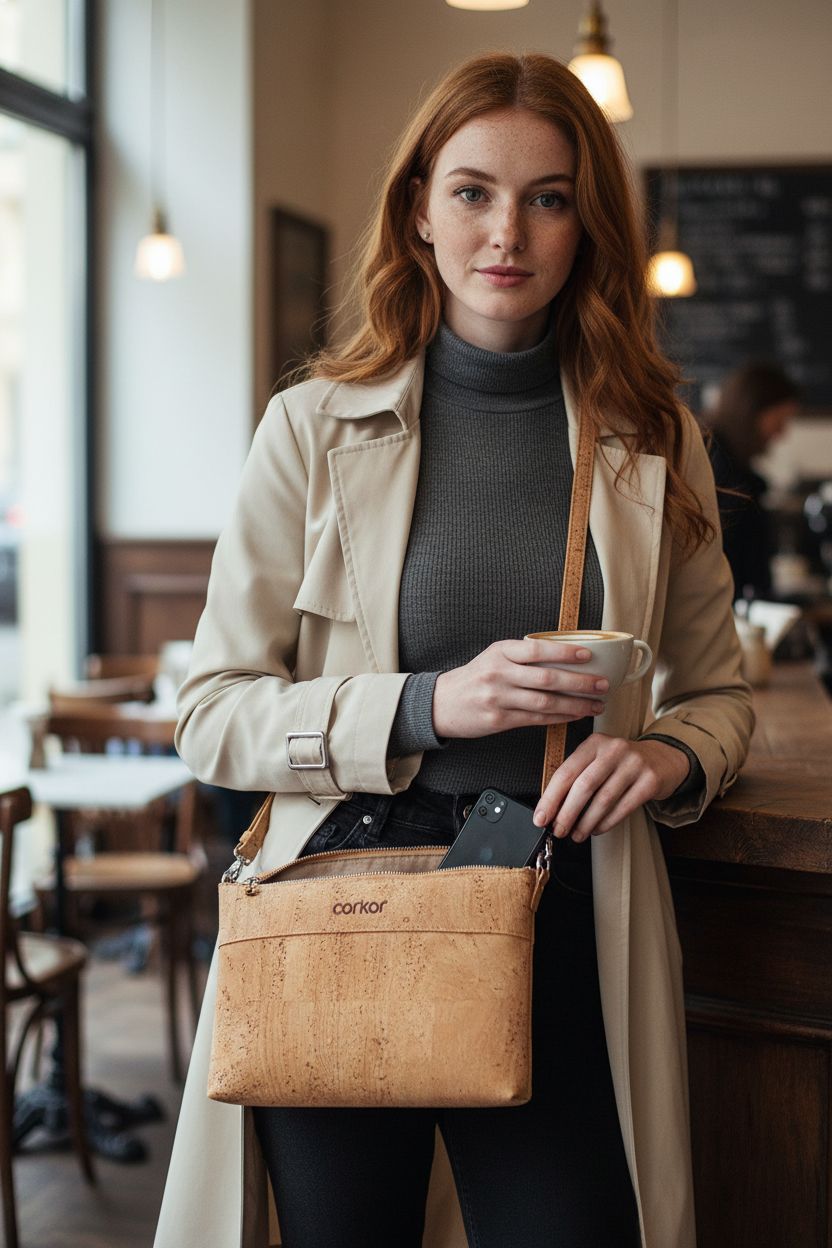 Corkor cork purse crossbody bag with phone inside, styled with a turtleneck and trench coat.