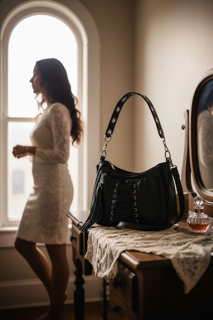 SAGEFINDS corset purse set in a cozy vintage dressing nook with soft afternoon light for a romantic vibe