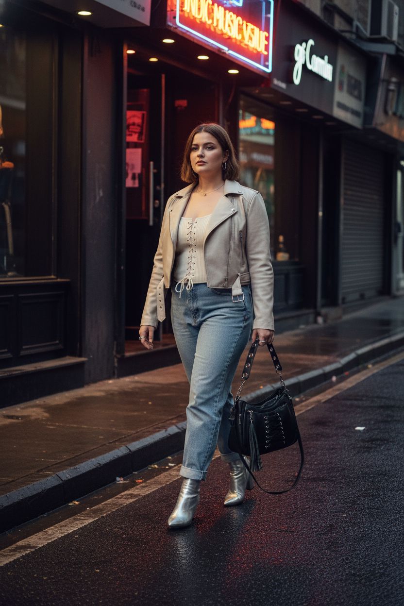 SAGEFINDS lace-up corset purse in a vibrant urban twilight setting, showcasing casual chic style