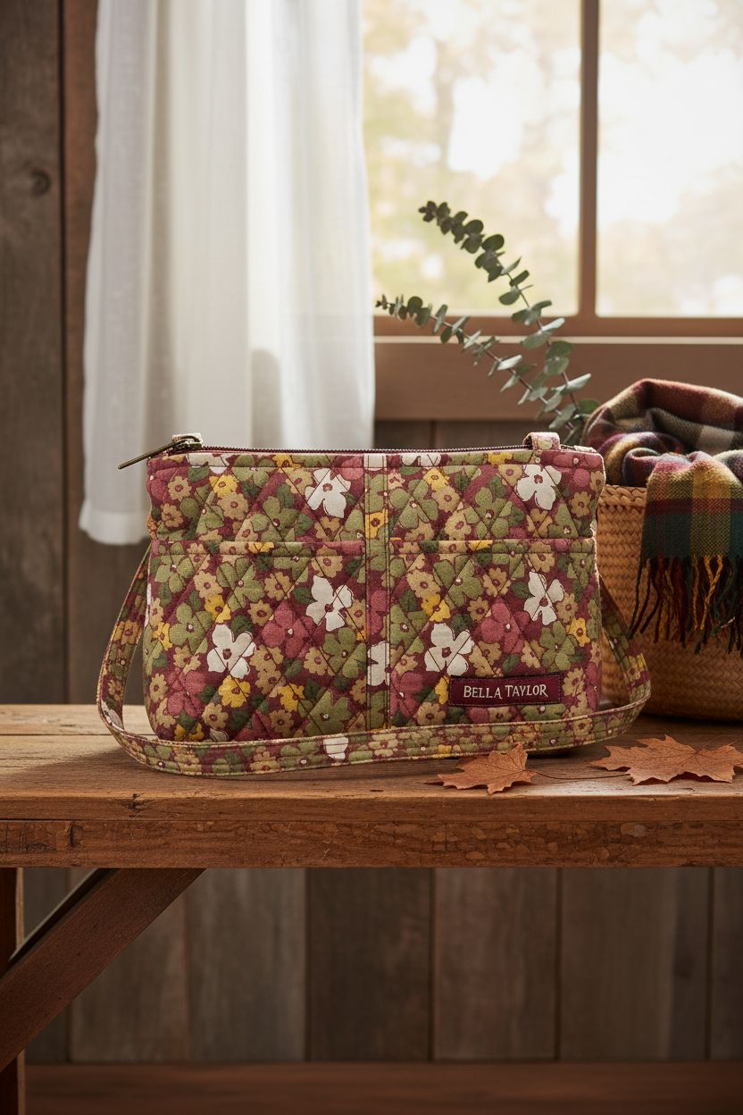 Cozy setting featuring Bella Taylor floral quilted crossbody bag with autumn decor, perfect for home style.