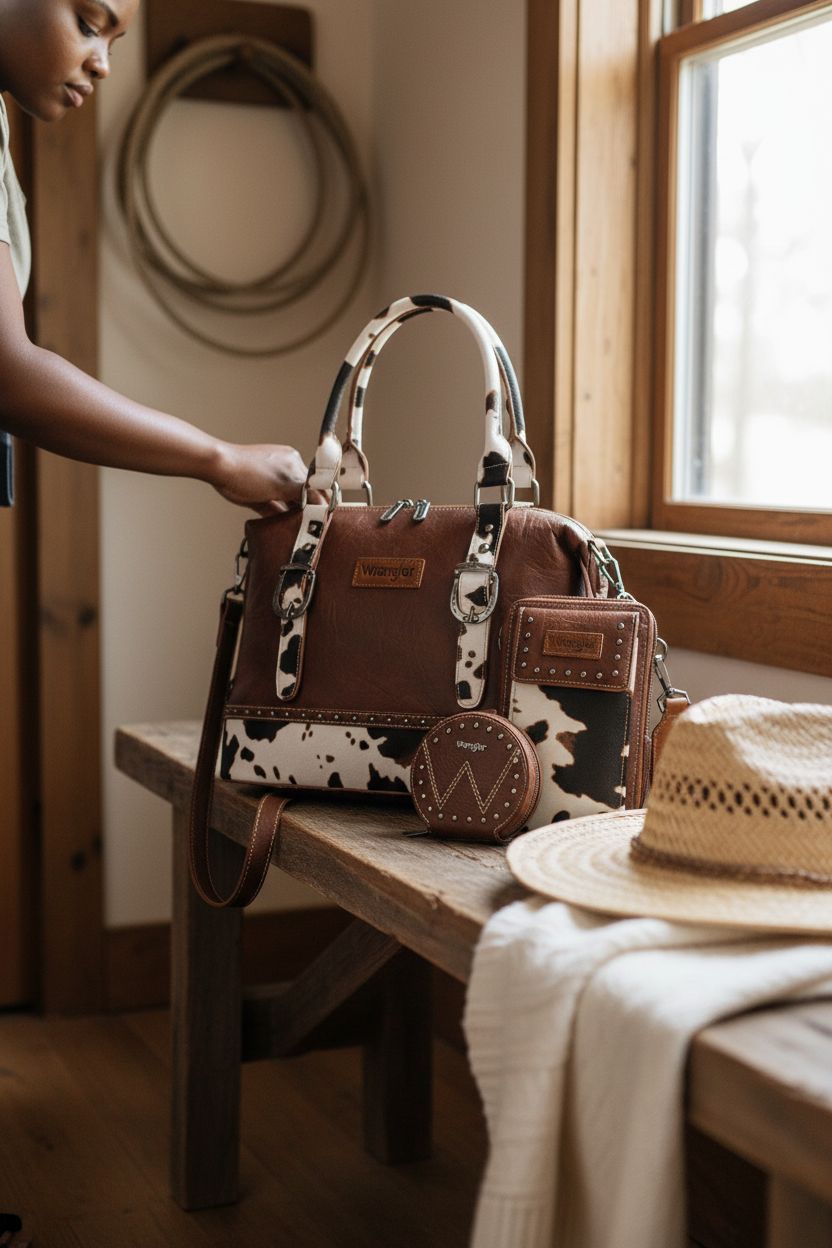 Wrangler doctor bag on a barn-wood bench beside a straw hat, creating a cozy ranch-house vibe.
