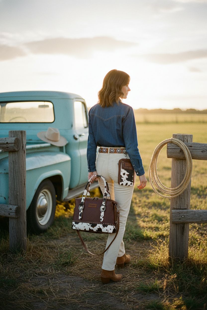 Wrangler doctor bag set in warm golden-hour light, showcasing rugged Crazy Horse leather at a ranch.