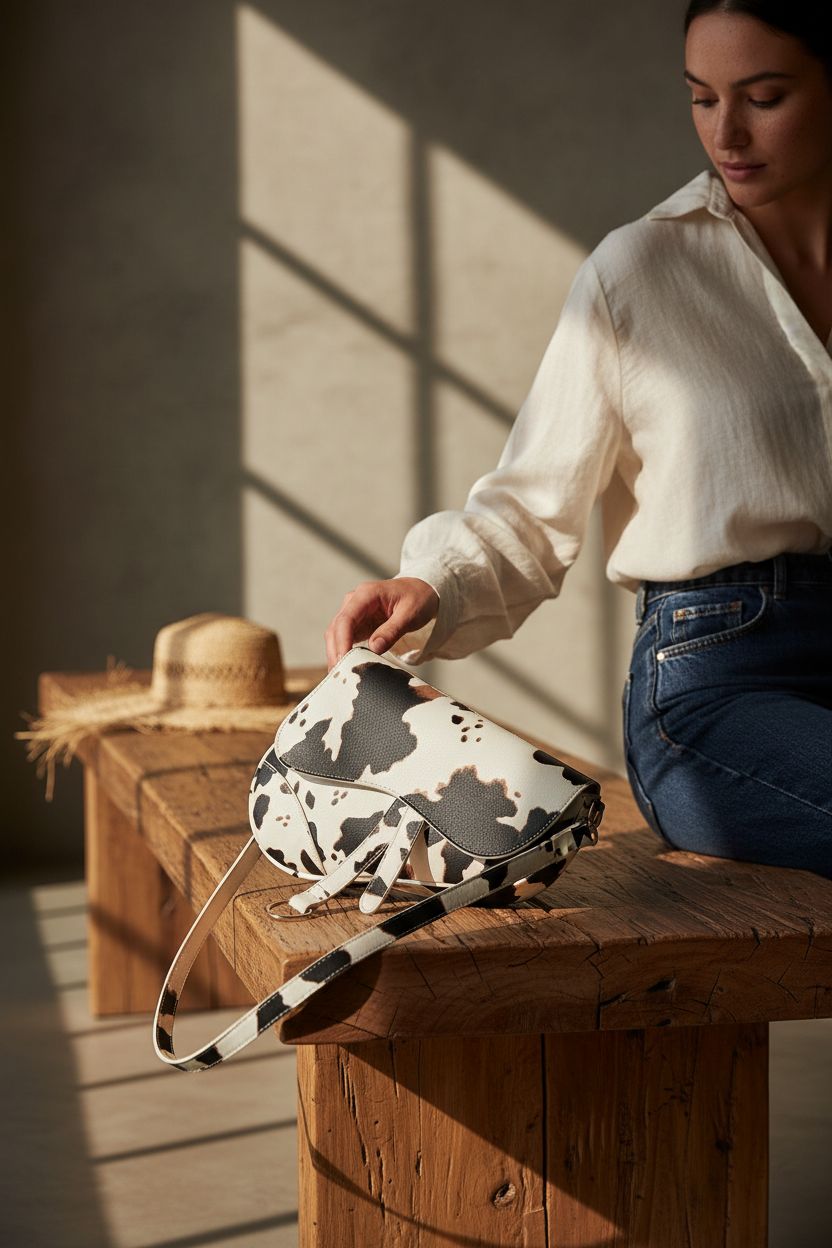 PURFANREE cow print saddle bag on a rustic bench, evoking a warm, inviting atmosphere.