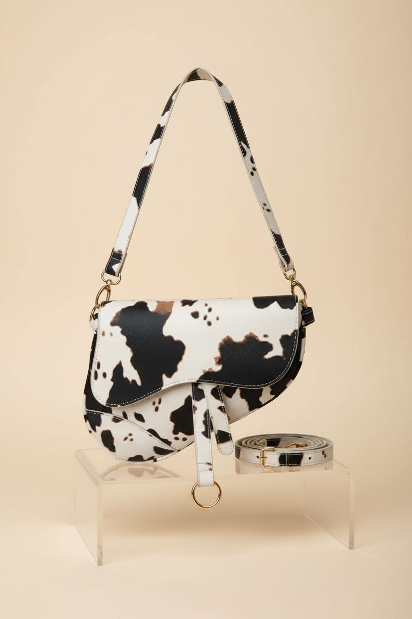 PURFANREE cow print handbag on a cream backdrop, highlighting its elegant design.