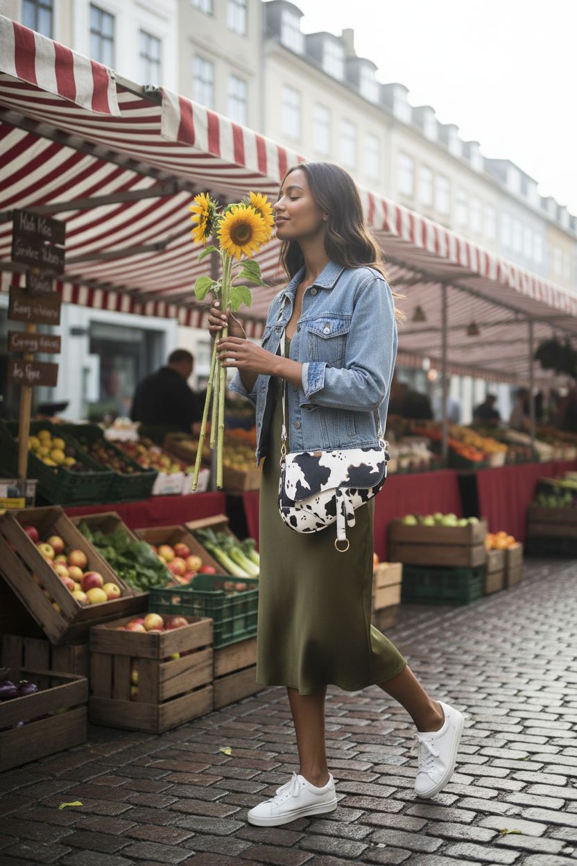 PURFANREE cow print saddle bag at a vibrant farmers market, perfect for daily outings.