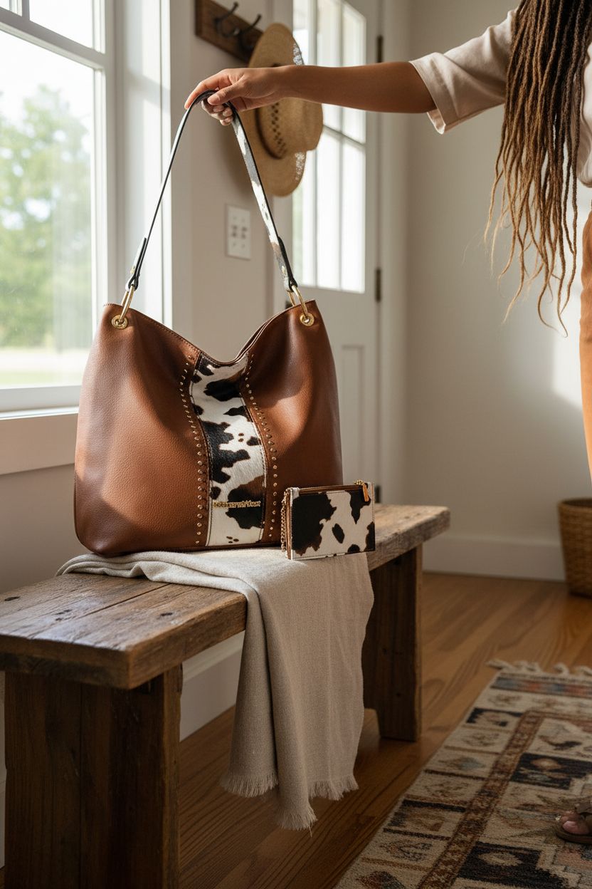 Montana West cowhide hobo purse in a cozy ranch-inspired entryway with natural light